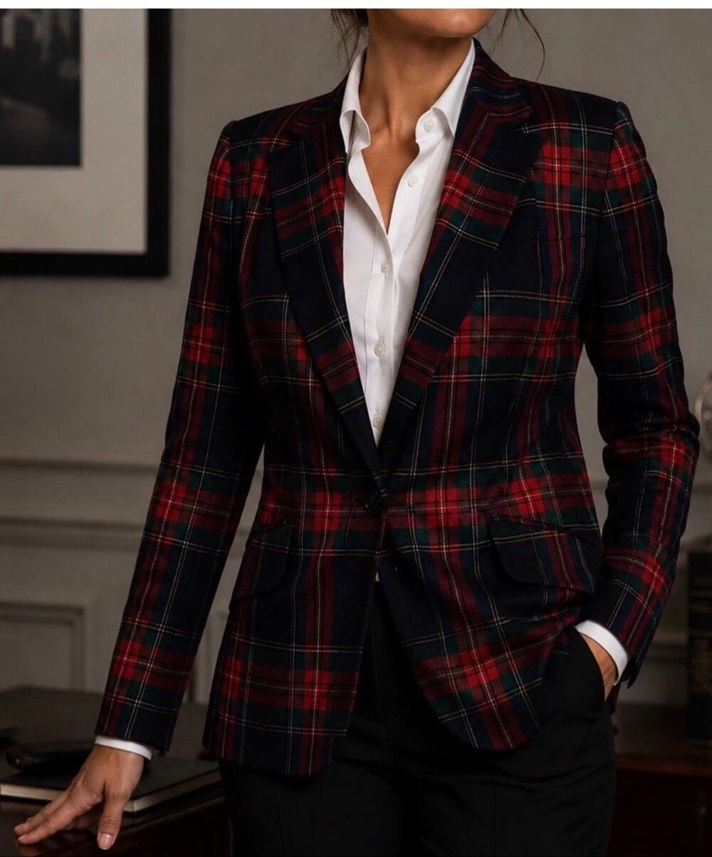 Ralph Lauren Tartan Plaid Blazer Red Black Green Size 18 W Preppy